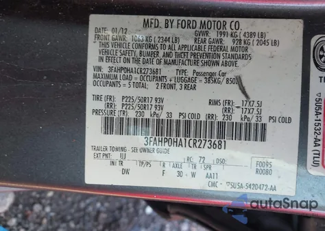 2012 Ford Fusion Se из США, поврежденный, VIN 3FAHP0HA1CR273681